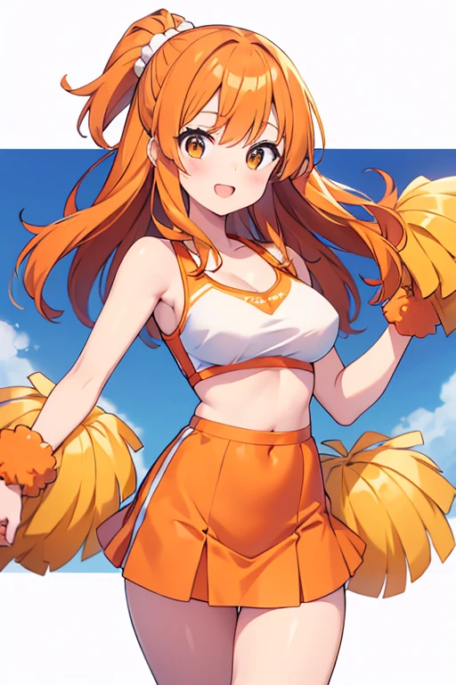 A beautiful woman with straight orange hair who is dressed in a orange cheerleader outfit with some pompoms