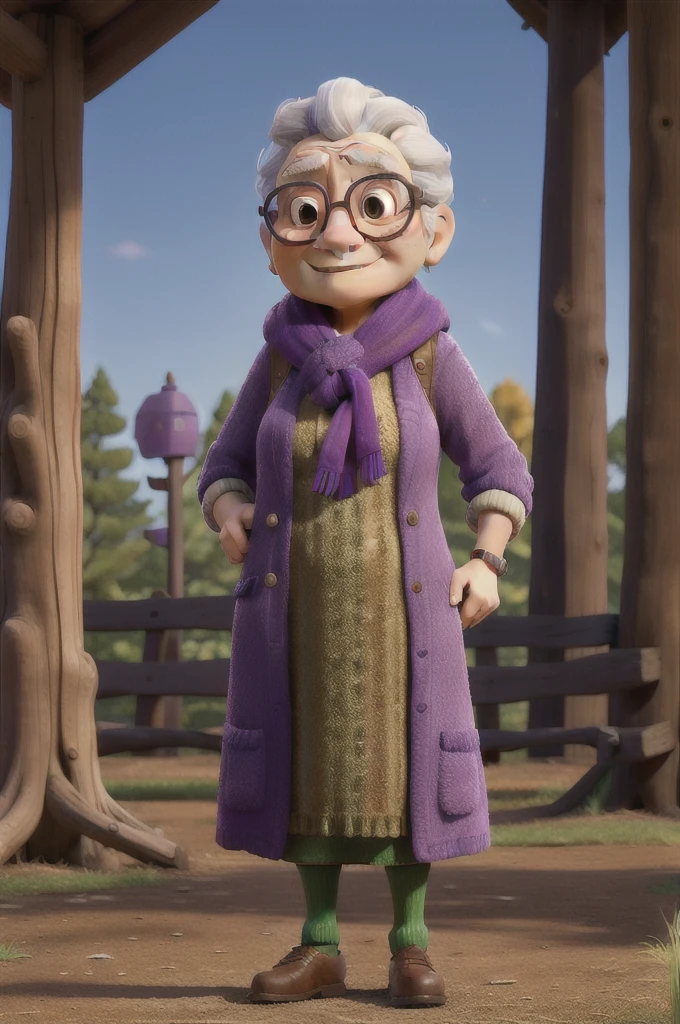 masterpiece, best quality, an old woman with glasses and a scarf on, wearing a purple coat and green scarf, standing at the park