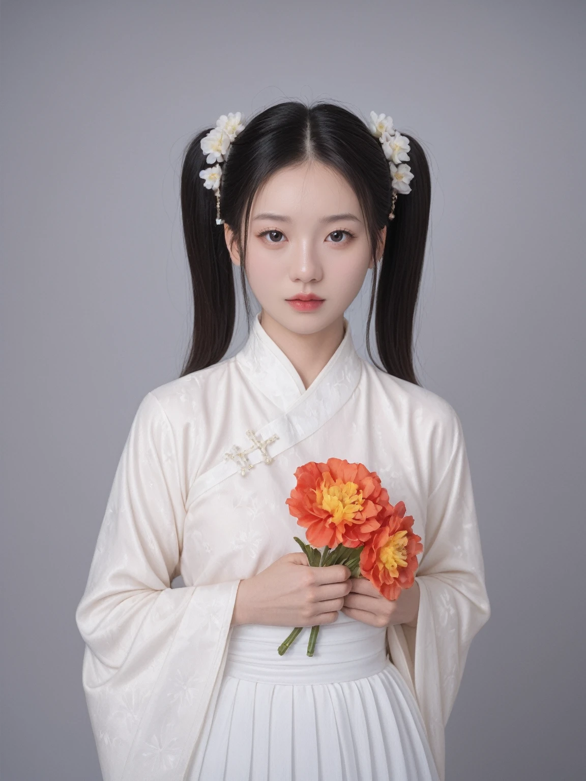 score_9, score_8_up, score_7_up, BREAK,
a woman in a white dress with flowers in her hair, inspired by Yanjun Cheng, fantasy art, artgerm ; 3d unreal engine, guweiz masterpiece, traditional chinese clothing, [ realistic photography ], with stars, ultra realistic photo, hair floating covering chest, style of guo hua, ( ultra realistic ), luts, pigtails hairstyle, realistic picture