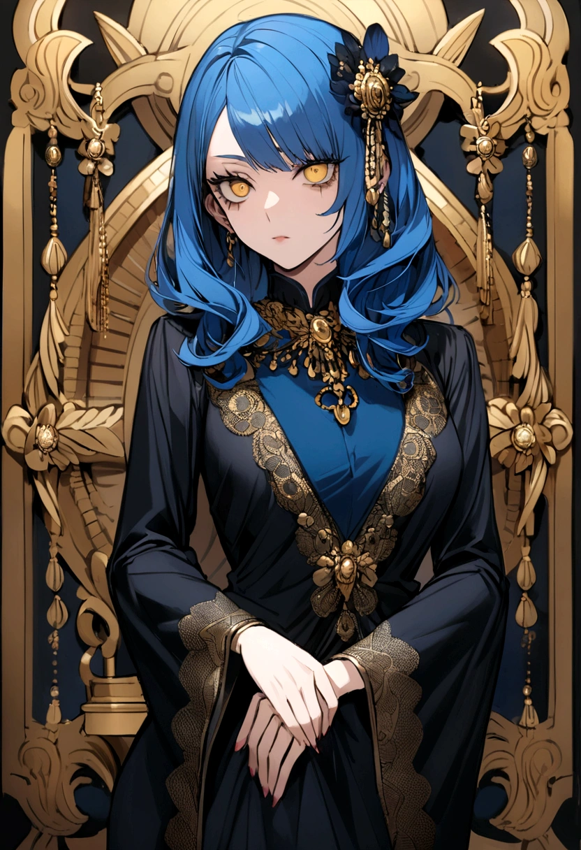 Blue medium length hair with golden eyes girl. Has a small eye linear and under eye bags. Criminal 