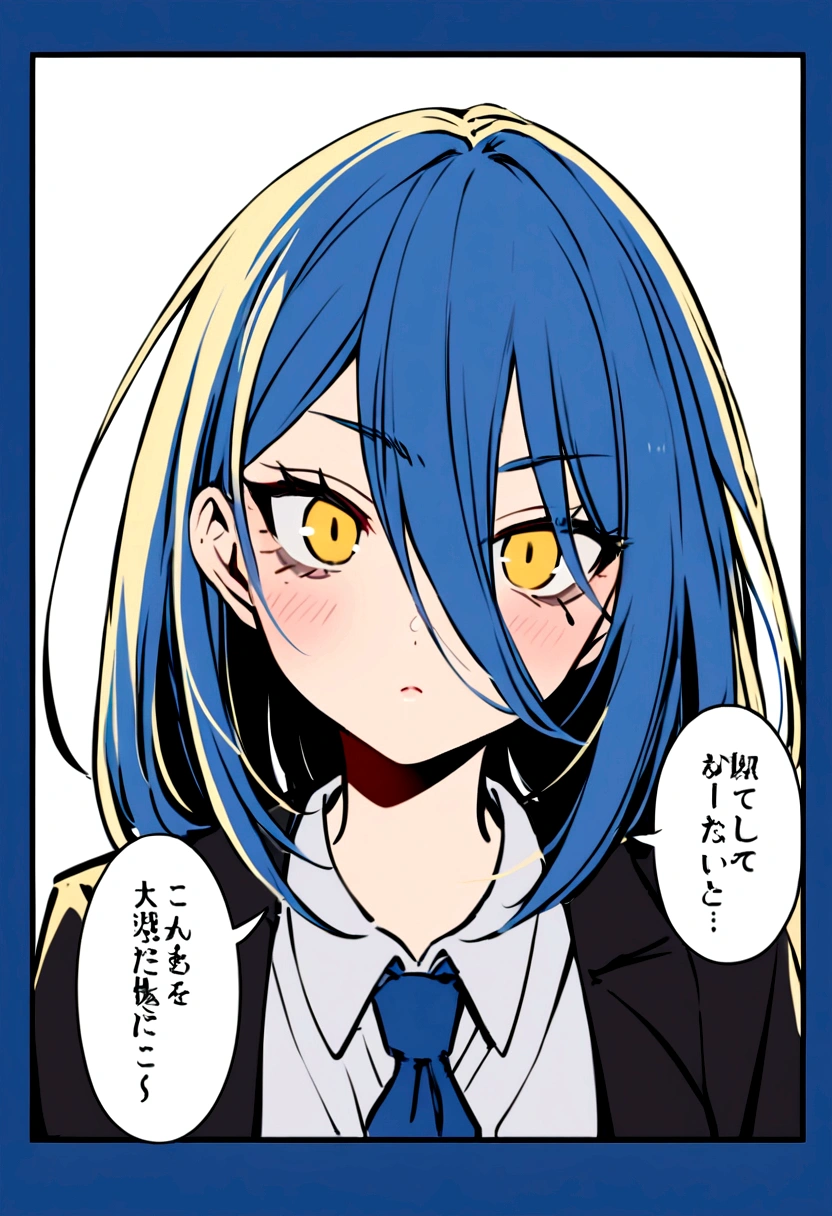 Blue medium length hair with golden eyes girl. Has a small eye linear and under eye bags. Criminal