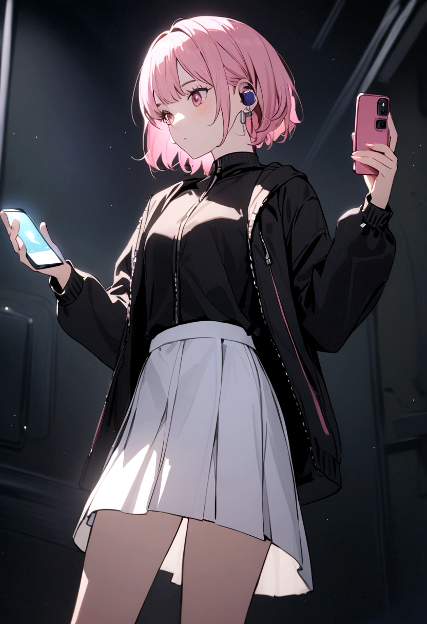 A girl with short pink hair wearing a short white skirt, white sneakers, a black jacket with her cell phone in her hand and her hearing aid