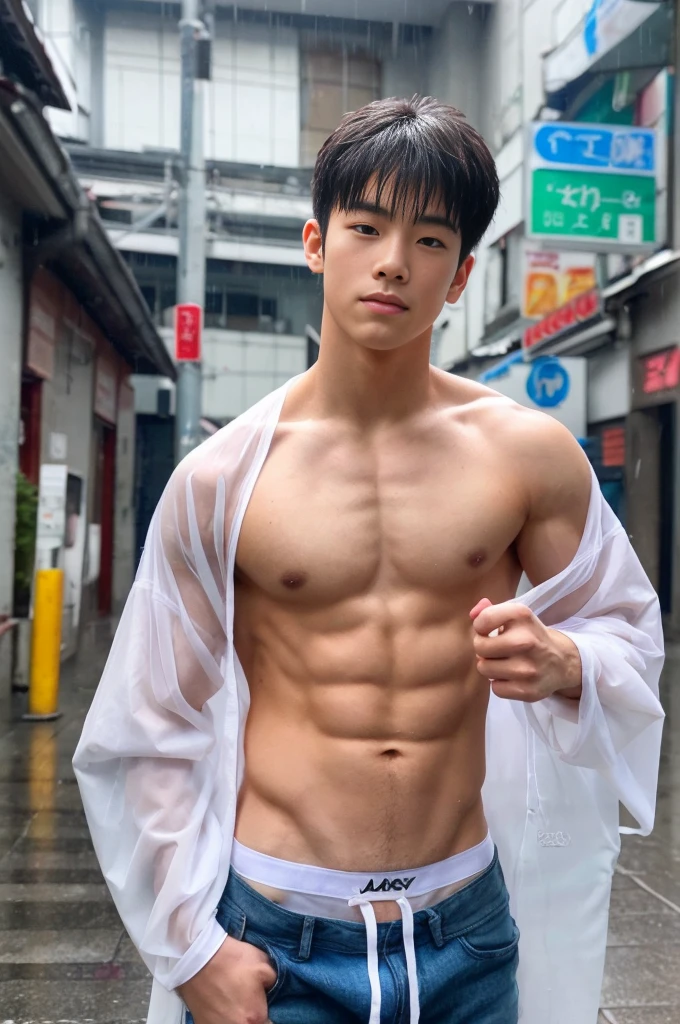 Handsome Asian boy, boy , handsome Korean face, neat muscular, transparent raincoat, white micro thong with big bulge, showing abs, rainy day, very wet body, very hairy armpits, sit pose, siting on the bussy street