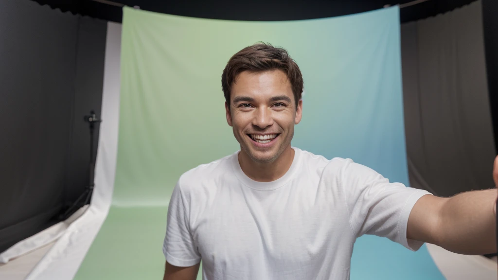 Make a thumbnail for YouTube for Christian church. handsome man, ator de hoolywood, 30years, white t-shirt and brown jacket. It is on the right side of the image, steady look, ssmile, showing teeth, very cheerful, super alegre, buzzing with joy. looking forward and standing still. Man is surprised, glad. Leave the left side of the image empty. Photo ISO 700, 18-55mm f/3.5G VR, nikon d5000 21 megapixel image. ((Chroma key background)). ((Imagem para Thumbnail)).