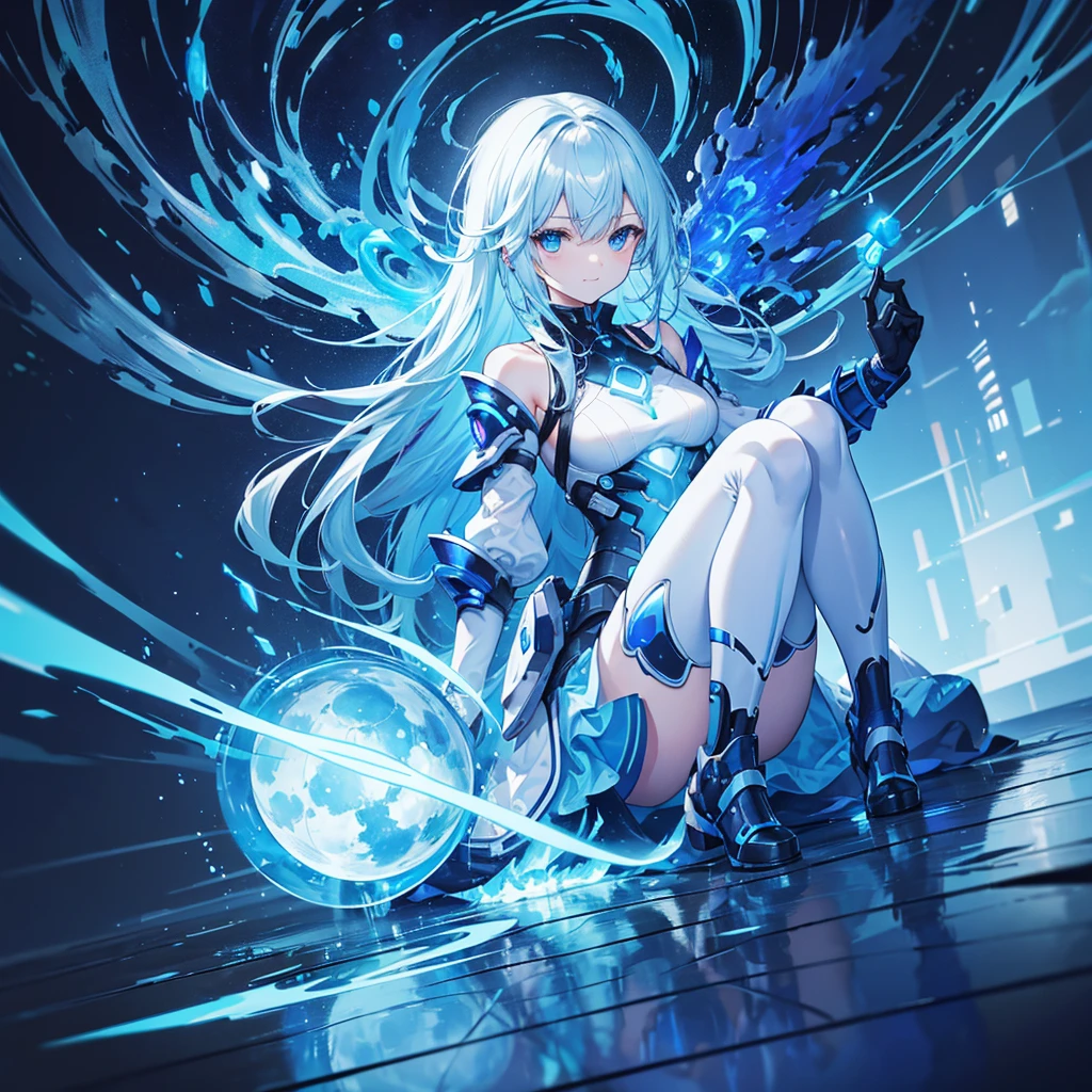 8K, Highest quality, (real:1.4), Original photo, 1 girl, Asari Hair, Biological Amplifier, Very sleek and futuristic armor, posture: Peace talks between warring factions,,attention arousal, smart blue eyes,A modest smile,Knee-high boots,Patent-look blue tights,Blue big moon and blue light swirl in the background,Blue light from behind,blue light magic,A small, glowing blue ball in the palm of your hand,Blue flame swirl,Blue Comet,Polished floor,