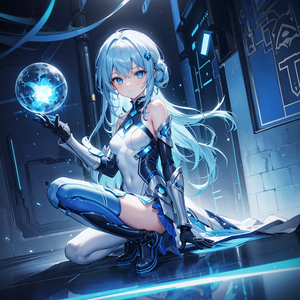 8K, Highest quality, (real:1.4), Original photo, 1 girl, Asari Hair, Biological Amplifier, Very sleek and futuristic armor, posture: Peace talks between warring factions,,attention arousal, smart blue eyes,A modest smile,Knee-high boots,Patent-look blue tights,Blue big moon and blue light swirl in the background,Blue light from behind,blue light magic,A small, glowing blue ball in the palm of your hand,Blue flame swirl,Blue Comet,Polished floor,
