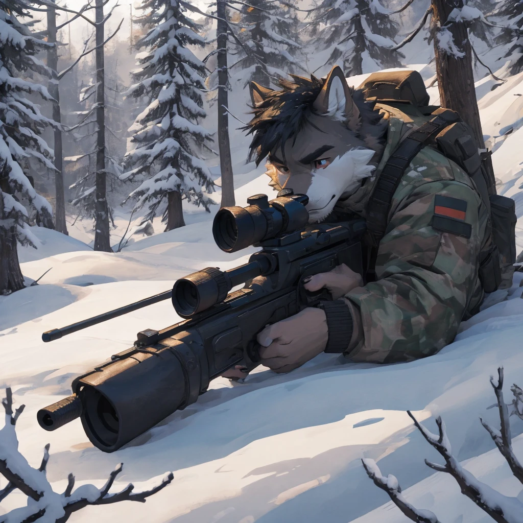 Male, male, Wolf, black fur, white fur, short hair, black hair, red heart stripes on his hair, 20 years old, snipers, sniper rifle, Snow camouflage, winter camouflage, dramatic effect, dramatic light, shadow, shade, higlight, high quality, high details, High detailed image, high quality image, Very detailed shadows, high detail shadows, Snowy forest, snowy, Winter