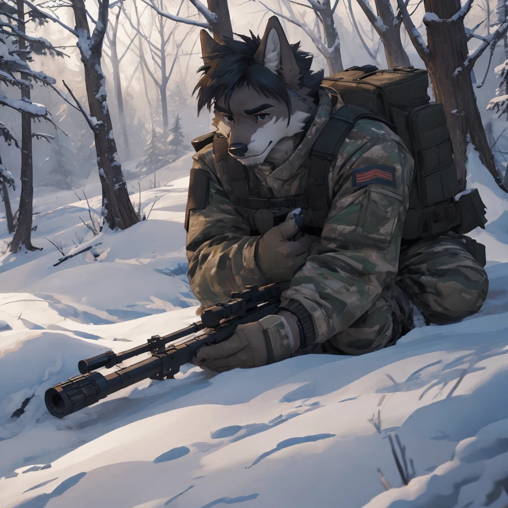 Male, male, Wolf, black fur, white fur, short hair, black hair, red heart stripes on his hair, 20 years old, snipers, sniper rifle, Snow camouflage, winter camouflage, dramatic effect, dramatic light, shadow, shade, higlight, high quality, high details, High detailed image, high quality image, Very detailed shadows, high detail shadows, Snowy forest, snowy, Winter