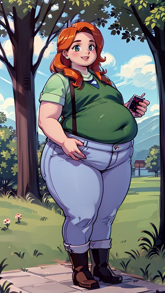 Green simple tunic, suspenders, jeans, brown boots, happy face, smiling, day, long hair, outside, daylight, sunny day, near an apple tree, holding an Apple, chubby, chubby belly