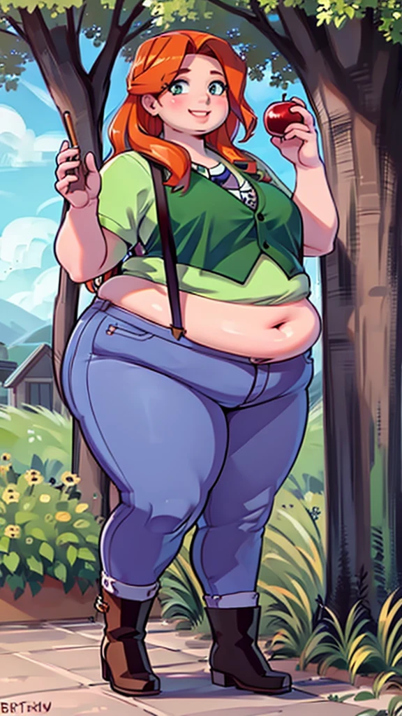 Green simple tunic, suspenders, jeans, brown boots, happy face, smiling, day, long hair, outside, daylight, sunny day, near an apple tree, holding an Apple, chubby, chubby belly