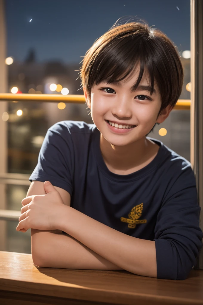 Tabletop, Highest quality, 8K, 16-year-old student, Teen, RAW Photos, Absurd, Award-winning portrait, smile, alone, (night:1.8), Idol's face, Violet, Delicate girl, Upper Body, Digital SLR, View your viewers, Frank, Sophisticated,Thin arms, Professional Lighting, Film Grain, chromatic aberration, (Eye and facial details:1.0), (Bokeh:1.1) , (Robe Dress:1.0) , Close your mouth