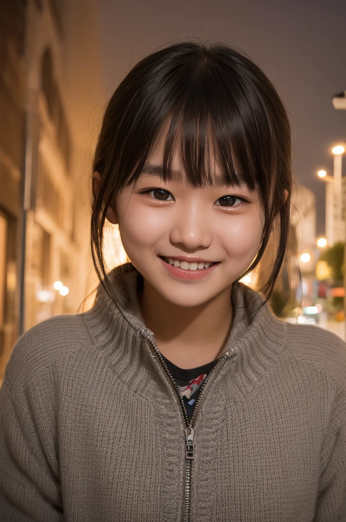 Tabletop, Highest quality, 8K, 16-year-old student, Teen, RAW Photos, Absurd, Award-winning portrait, smile, alone, (night:1.8), Idol&#39;s face, Violet, Delicate girl, Upper Body, Digital SLR, View your viewers, Frank, Sophisticated,Thin arms, Professional Lighting, Film Grain, chromatic aberration, (Eye and facial details:1.0), (Bokeh:1.1) , (Robe Dress:1.0) , Close your mouth