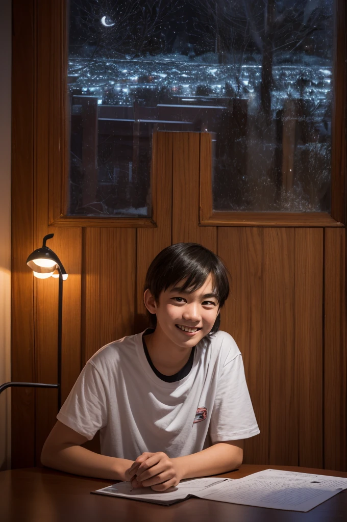 Tabletop, Highest quality, 8K, 16-year-old student, Teen, RAW Photos, Absurd, Award-winning portrait, smile, alone, (night:1.8), Idol's face, Violet, Delicate girl, Upper Body, Digital SLR, View your viewers, Frank, Sophisticated,Thin arms, Professional Lighting, Film Grain, chromatic aberration, (Eye and facial details:1.0), (Bokeh:1.1) , (Robe Dress:1.0) , Close your mouth