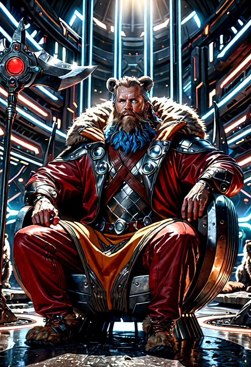 a mature viking, futuristic utopia, bear pelt chair, sharpening high tech axe, red braided hair, detailed beard, detailed face, chiaroscuro lighting, vibrant colors, cinematic composition, photorealistic, masterpiece, 8k, hyper detailed