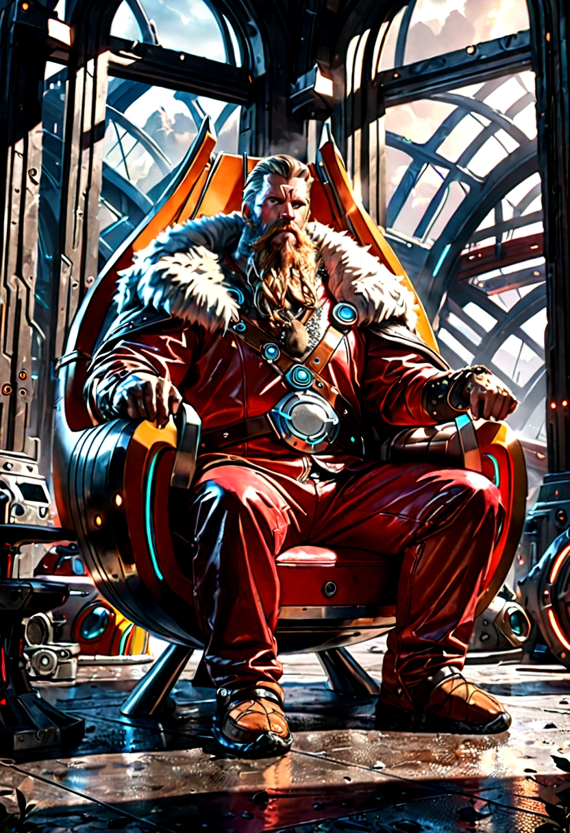 a mature viking, futuristic utopia, bear pelt chair, sharpening high tech axe, red braided hair, detailed beard, detailed face, chiaroscuro lighting, vibrant colors, cinematic composition, photorealistic, masterpiece, 8k, hyper detailed
