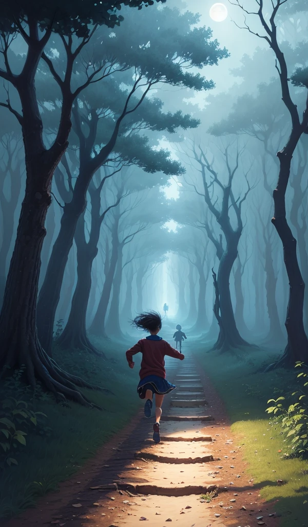 (anime, digital paint, children escaping the gingerbread house, running through the dark forest, scared but hopeful expressions, moonlight filtering through the trees, path illuminated by soft blue light, sense of urgency and relief)