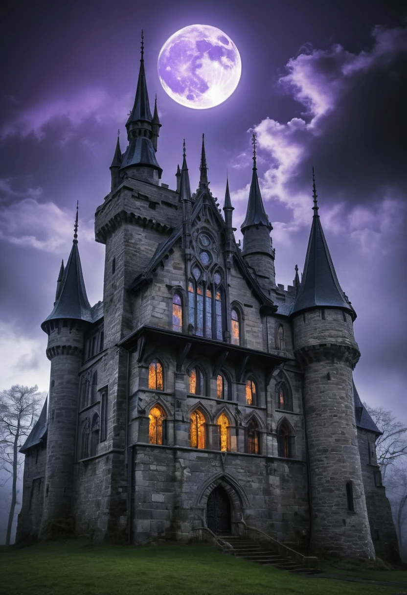 The castle features imposing Gothic towers that rise loftily into the heavens, with detailed spiers and pointed arches. The towers are adorned with menacing gargoyles, each carved with expressions of eternal vigilance. Large stained glass windows, elaborate and filtering light in shades of purple and black, decorate the walls. These stained glass windows are intricately designed with runes and necromantic symbols, creating a play of mystical light and shadows. The main gates are huge, double, and adorned with dark metals and runic details that glow with a pale purple light. Gate pillars are adorned with menacing gargoyles, guarding the entrance with watchful stone eyes. The castle is shrouded in a constant spectral fog, adding a layer of mystery and terror. Deep shadows permeate the environment, with dead vegetation and gnarled trees surrounding the castle, creating a contrast to its imposing luxury. The night sky is dramatic, with heavy clouds and occasional flashes of lightning, illuminating the castle in an eerie manner. The full moon, partially covered by clouds, casts a pale, cold light on the castle, highlighting its Gothic architecture and dark ornamentations.
