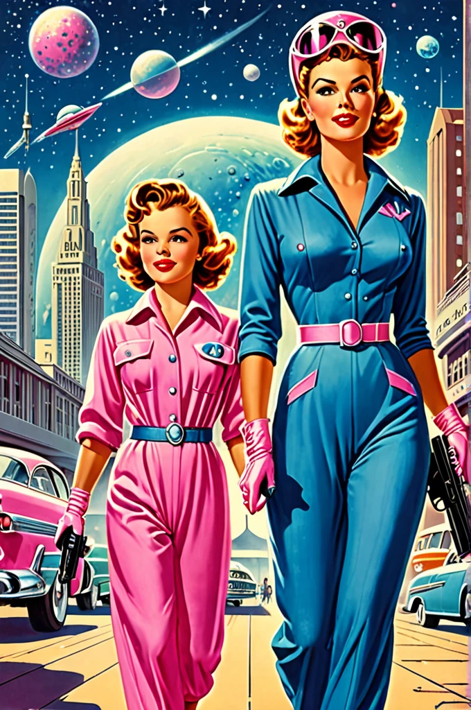 1950's illustration style, sci-fi, 1 handsome  woman,  with a son and daughter, son dressed in a blue jump suit, girl and mother dressed in pink jumpsuit boots glove retro helmet, right-hand-holding-pistol, retro-futuristic city background, nebula, planets, extremely detailed, high quality, masterpiece, emphasized-detail ,