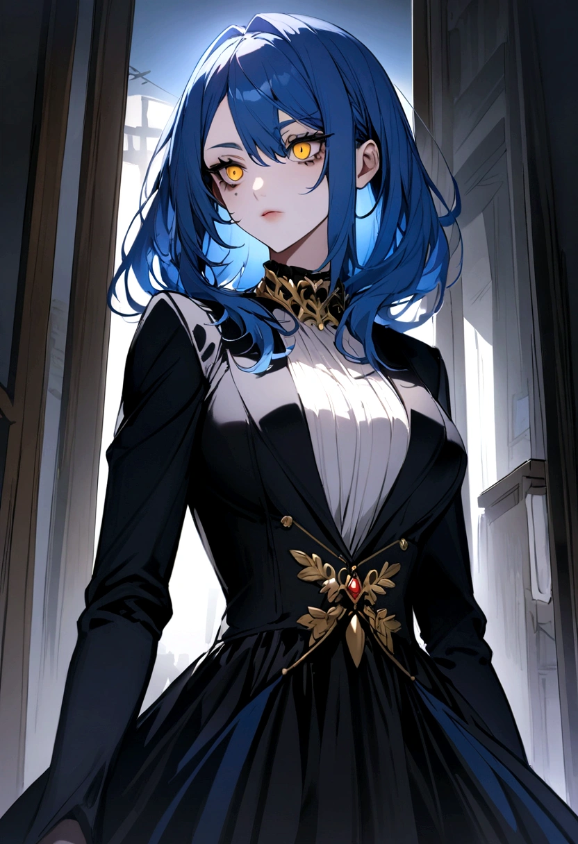 Blue medium length hair with golden eyes girl. Has a small eye linear and under eye bags. Criminal
