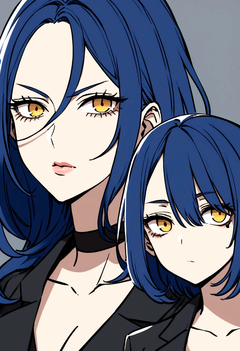 Blue medium length hair with golden eyes girl. Has a small eye linear and under eye bags. Criminal 