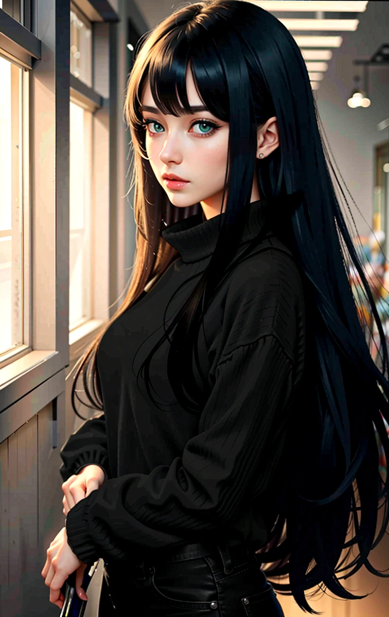 high-quality textures, 4K, Realistic Anime, perfect eyes with black eyeliner, very green eyes, gorgeous eyes, perfect silios. Hands with perfect fingers, beautiful hands, very black hair, Realistic anime style.