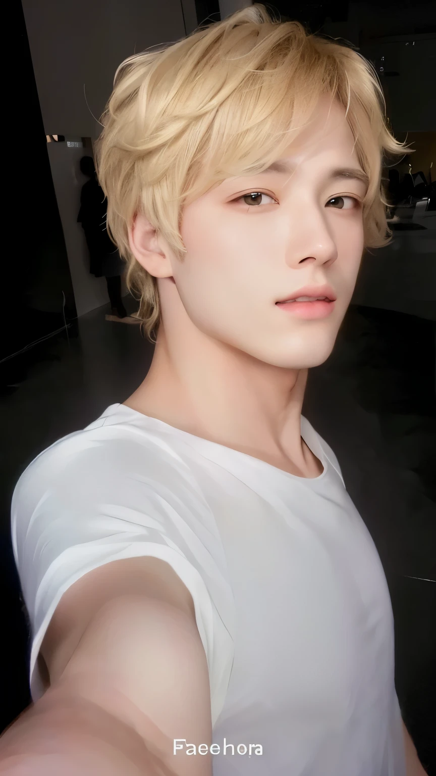 Taehyung blonde, holding an iphone in hand, improve quality