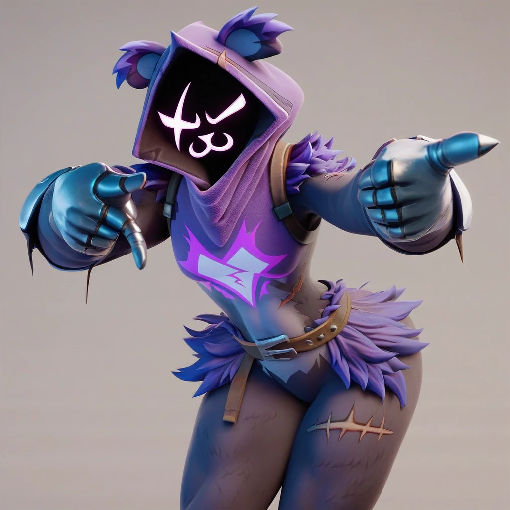 Raven team leader,purple hoodie, with no face, shadowed face, animal ears,purple skin, scar on eye, body skin, purple fur, waist belt, torso symbol, metal gloves, pointing your ass at the viewer, leaning forward, pushing, she closes her eyes, hands resting on top of a small wall, her with her eyes closed, hands are not in the air, expression of force, stomachache, stomach growling. day Of course