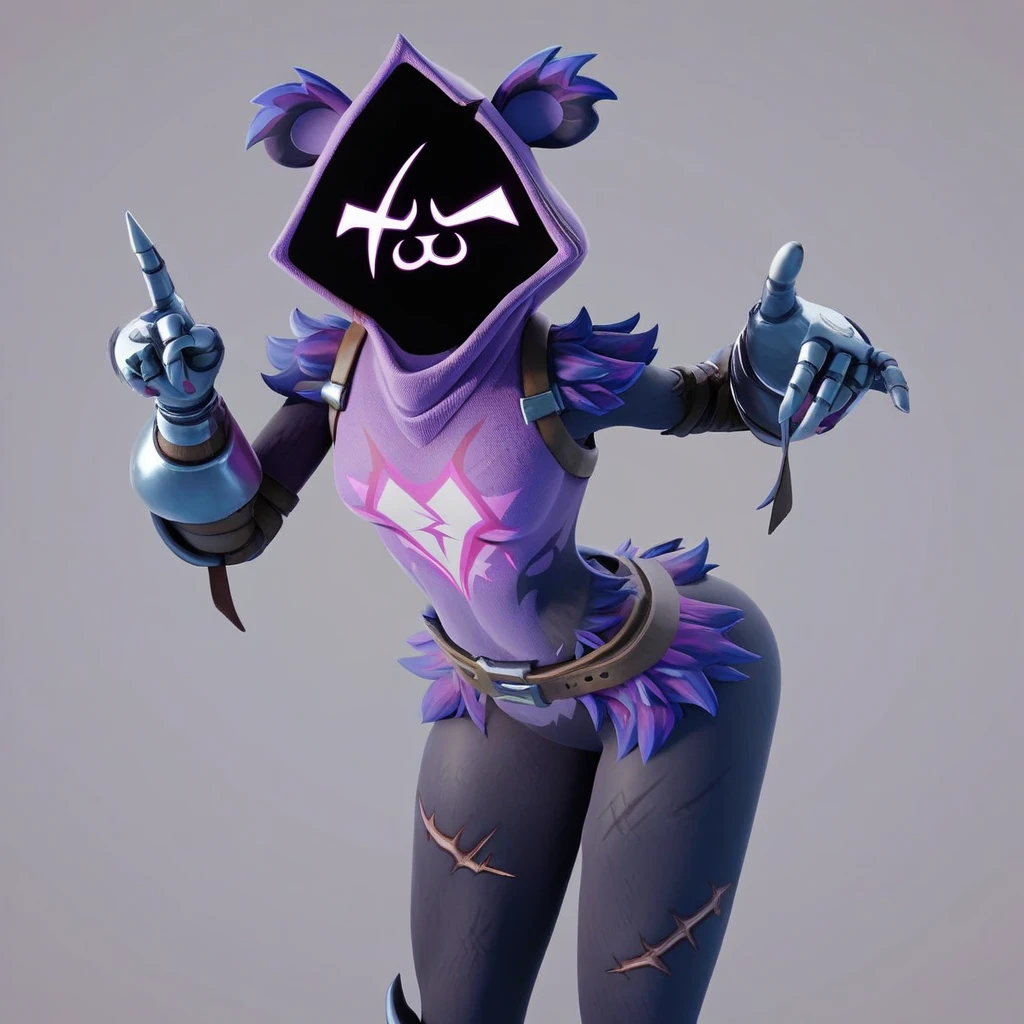 Raven team leader,purple hoodie, with no face, shadowed face, animal ears,purple skin, scar on eye, body skin, purple fur, waist belt, torso symbol, metal gloves, pointing your ass at the viewer, leaning forward, pushing, she closes her eyes, hands resting on top of a small wall, her with her eyes closed, hands are not in the air, expression of force, stomachache, stomach growling. day Of course