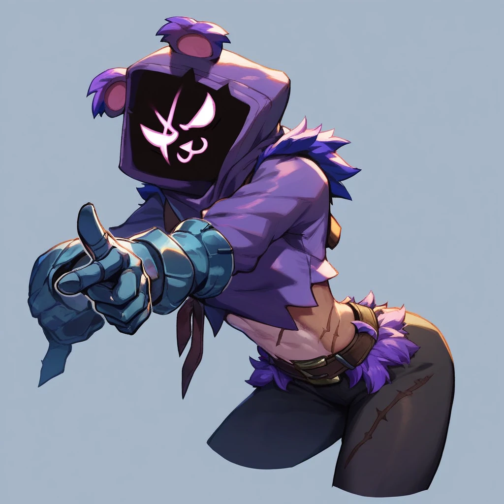 Raven team leader,purple hoodie, with no face, shadowed face, animal ears,purple skin, scar on eye, body skin, purple fur, waist belt, torso symbol, metal gloves, pointing your ass at the viewer, leaning forward, pushing, she closes her eyes, hands resting on top of a small wall, her with her eyes closed, hands are not in the air, expression of force, stomachache, stomach growling. day Of course