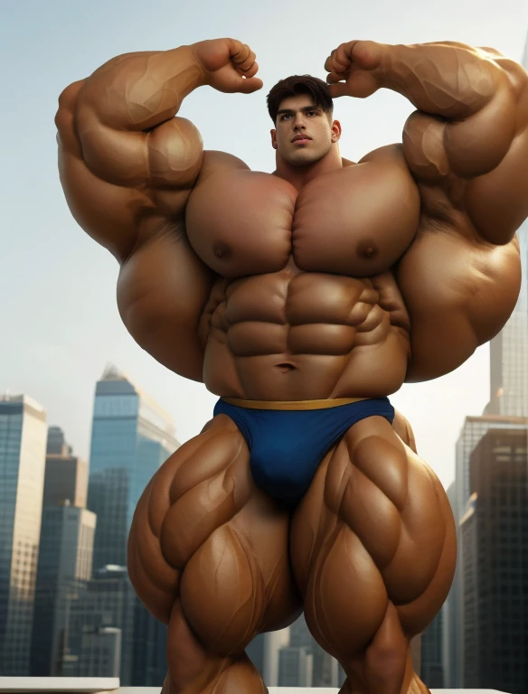 1boy, giant, alone, giant bodybuilder, golden hour, strong body, bulk, large size, armpit, stand against the skyscrapers, outdoor, nude, white triangular underwear, prominent bulge, extraordinary big, brutalmass, giant, muscular body, bulk, buff, massive body, large meaty body size, extremely wide body