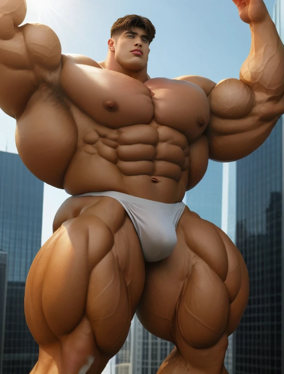 1boy, giant, alone, giant bodybuilder, golden hour, strong body, bulk, large size, armpit, stand against the skyscrapers, outdoor, nude, white triangular underwear, prominent bulge, extraordinary big, brutalmass, giant, muscular body, bulk, buff, massive body, large meaty body size, extremely wide body
