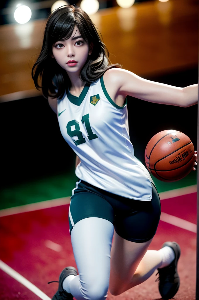 (8k, best quality, masterpiece:1.2), (realistic, photo-realistic:1.37), ultra-detailed,best quality, ultra high res, professional lighting, photon mapping, radiosity, physically-based rendering, cinematic lighting, basketball court,depth of field, sharp focus,sunbeam, good composition,(bokeh:1.2) 1girl,solo,(full body), (closed mouth),beautiful detailed eyes, pose, narrow waist,basketball uniform, black hair,messy hair,long hair floating in wind,(ulzzang-6500:1.2)
 mix4, hiqcgbody