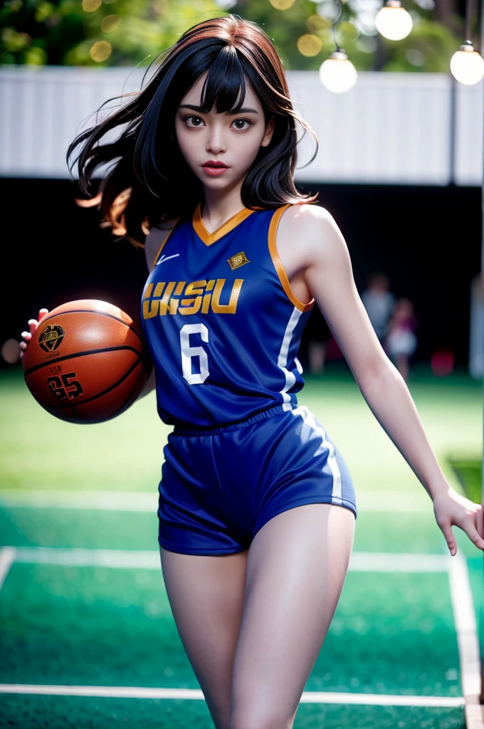 masterpiece,ultra detailed,realistic photo, 1beautiful girl, basketball uniform,detailed crewcut hair, big eyes, looked away,small delicate head,shiny skins,large breasts,tone abs,nice foots,wet skins sweat,basketball venue,illumination,from above