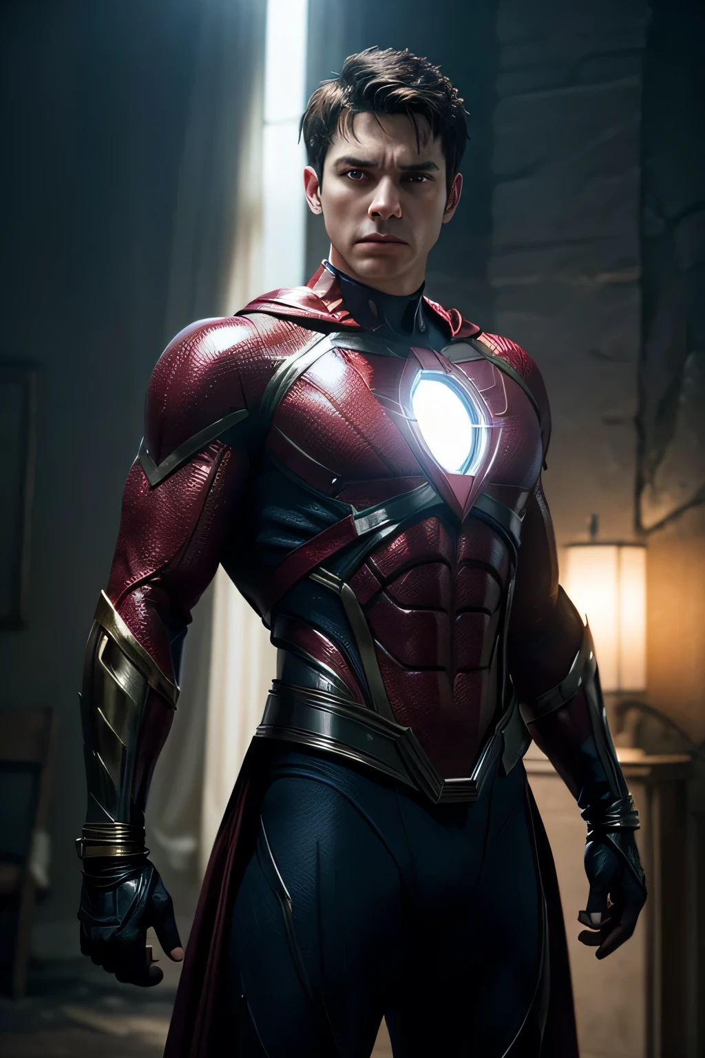 superhero men figure standing with hands on hips, shining beacon of light behind, heroic and determined expression, dramatic lighting
