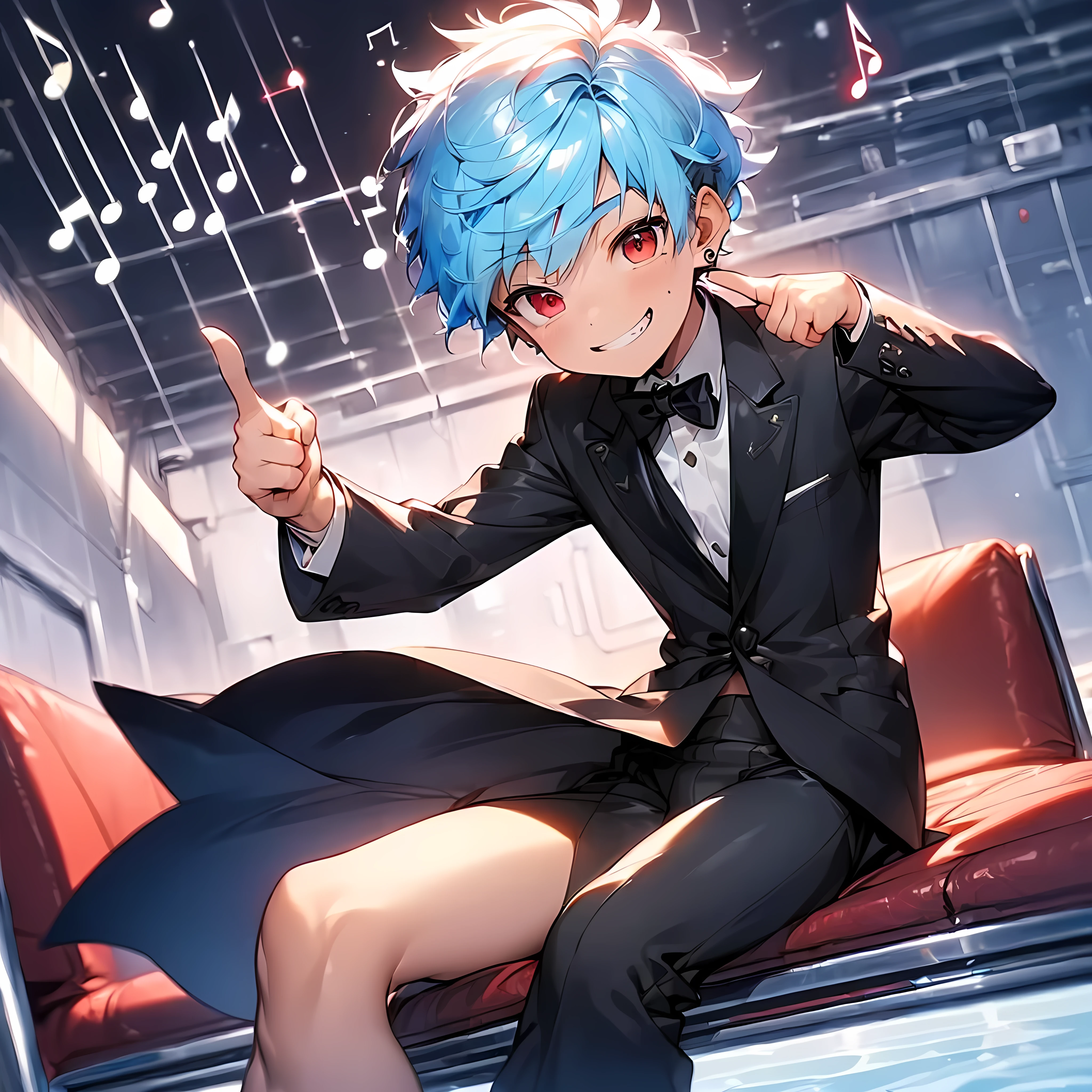 (solo:2.5), (boldline:-1.7), (put index finger on mouth:1.5), (floating musical notes:1.7), (sitting on red chair:1.5), (((fang))), (((best finger))), BREAK (best quality:1.5), (absolutely resolution:1.5), (ultra detailed:1.5), (masterpiece:1.5), (perfect face), (detailed face), (detailed eyes:1.3), (best eyes), (cute face), (shota:2), BREAK (tuxedo:1.5), (bulge:1.6), (skinny:1.3), BREAK (light blue hair:1.5), (spiked hair), (wine red eyes:1.4), (eyes with highlight:1.6), ((mole under eye)), (sweaty skin), (grin:1.5), ((earrings)), (shiny skin:1.3), BREAK (concert hall:1.5), (spot light:1.3), (at concert), (many people), ((wind blowing)), frow below,