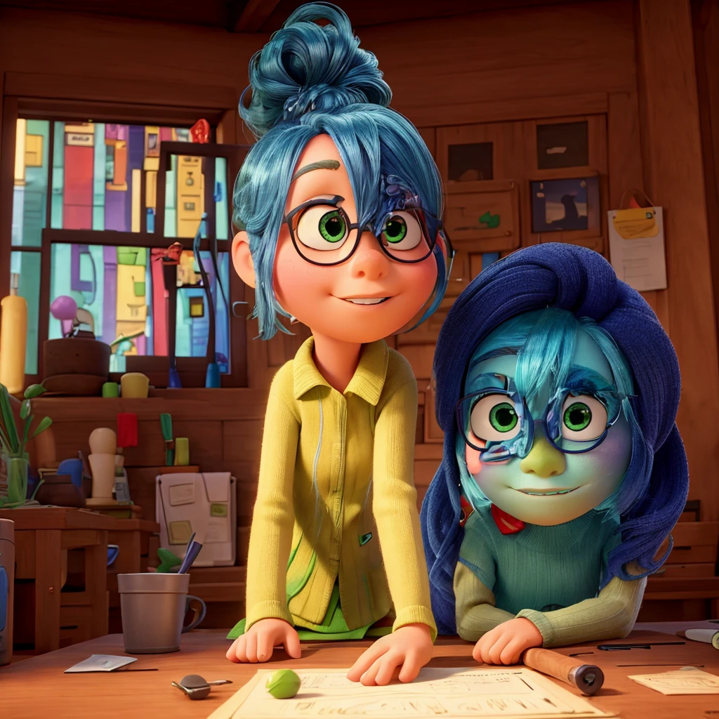 work of art, best qualityer, Inside Out, code green character #002a2b with terracotta #b2512b businessman style, suit or sporty clothing, black frame glasses, tidy man, animadas, very happy, big eyes and beautiful appearance), pixar, desenho animadas, 3D rendering