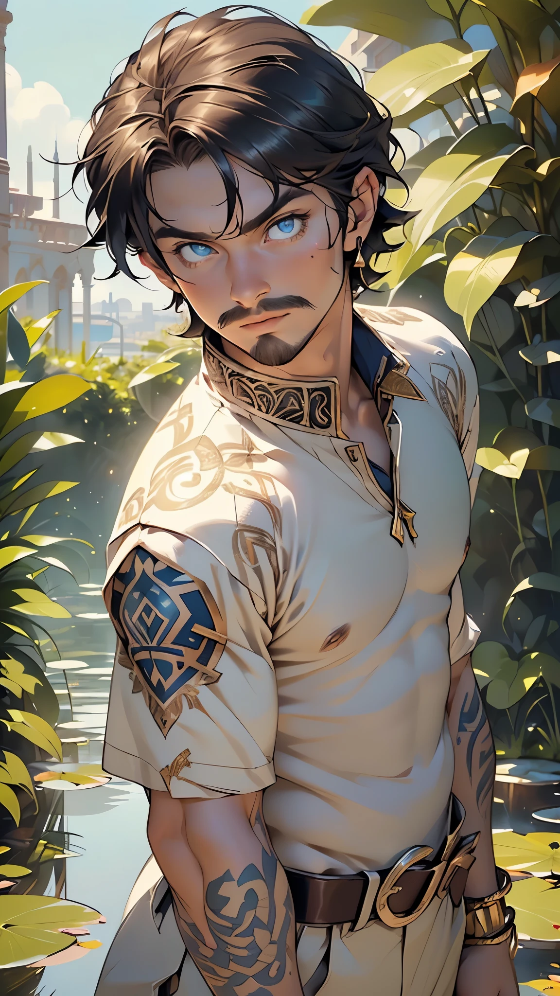 Simbad, the beloved hero of Arabian folklore, male,muscle, bulk,(medium ginger hair,medium hair,brown hair), ((beardstache), massive biceps, massive pecs,rustic big nose,super hunky,super buff,extremely huge massive pecs and biceps,huge biceps and pecs,bulging muscles,massive muscle body,swollen chest, slightly pointed ,sexual symbol,
(man:1.5),1 man,male, muscle, 1boy, young man,23 year,1 man,macho man,(((blue_eyes:1.3))),intricate eyes,beautiful detailed eyes,symmetrical eyes,perfect face, perfect face,
heroic masculine pose,
(((lustrous skin:1.5,tanned skin,skin tanned,shiny skin,very shiny skin,shiny body))),
(((bare chest,naked torso))),Arabian clothes,shoulder pad,golden belt,((tattoo)),((golden bracelets; jewel necklace)),arabic pants,((bulge in pants)), arabic clothes,(((intricate outfit,embroidered outfit,ornate outfit,intricate clothes,embroidered clothes,ornate clothes))),
dynamic pose,looking at viewer,(masculine attitude),centered,scale to fit dimensions,Rule of thirds,
outdoors,(Arab palace,Arab palace background,pyramids in the background),scenery,(oasis,oasis background),extremely scenery,(puddles everywhere,moss,moss on the background),clouds,Arab style,Arab castle,lily pads,palms,reeds,(sunset, golden hour),
(Glossy Arab ornaments),highres,sharp focus,(ultra detailed,extremely detailed),(photorealistic artwork:1.37),(extremely detailed CG unity 8k wallpaper),(((vibrant colors,vibrant theme))),(intricate),(masterpiece),(best quality),artistic photography,(photography taken by sldr),(intricate background),perfect rendered face,perfect face details,realistic face,photo realistic,((intricate detail)),(((realism))),