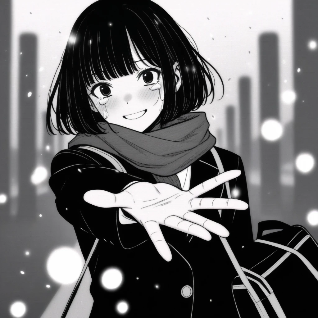 masterpiece, best quality, 1girl, mamerakkkkko, grayscale, manga style, japanese, chi no wadachi, black eyes, street, iced, black hair, schoolbag, smile, lineart, black coat, black scarf, black pleated skirt, leggins, centered, adult, 30 years old:2, tall, fair skinned, bokeh background, crying, tears, tears streaming, bob cut, light particles, centered, snowing, (((reaching out left hand to viewer, perfect hand, detailed hand:1.1)), emotional anime scene
