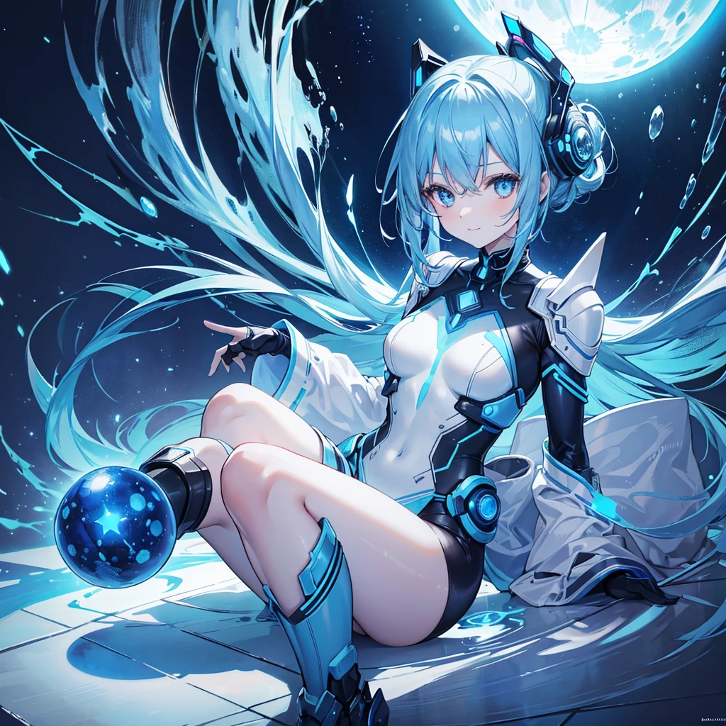 8K, Highest quality, (real:1.4), Original photo, 1 girl, Asari Hair, Biological Amplifier, Very sleek and futuristic armor, posture: Peace talks between warring factions,,attention arousal, smart blue eyes,A modest smile,Knee-high boots,Patent-look blue tights,Blue big moon and blue light swirl in the background,Blue light from behind,blue light magic,A small, glowing blue ball in the palm of your hand,Blue flame swirl,Blue Comet,Polished floor,