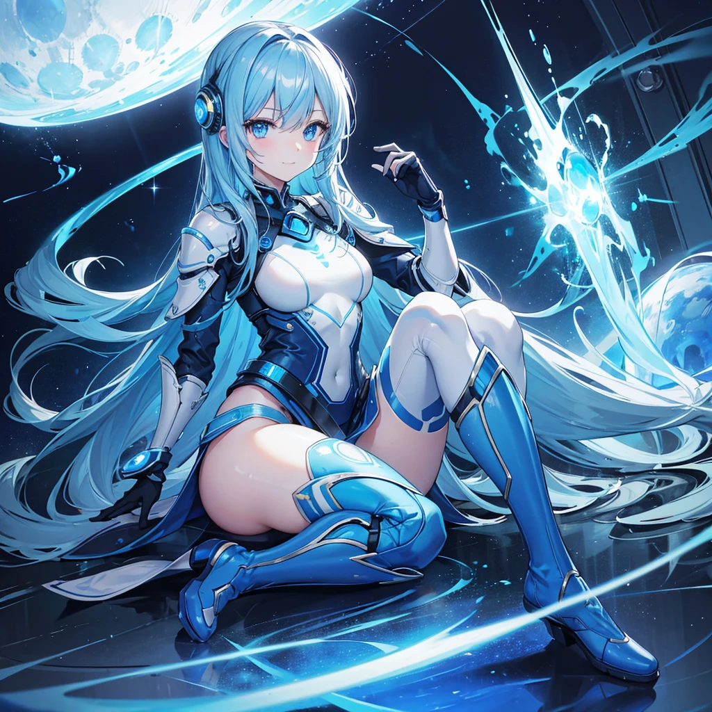 8K, Highest quality, (real:1.4), Original photo, 1 girl, Asari Hair, Biological Amplifier, Very sleek and futuristic armor, posture: Peace talks between warring factions,,attention arousal, smart blue eyes,A modest smile,Knee-high boots,Patent-look blue tights,Blue big moon and blue light swirl in the background,Blue light from behind,blue light magic,A small, glowing blue ball in the palm of your hand,Blue flame swirl,Blue Comet,Polished floor,