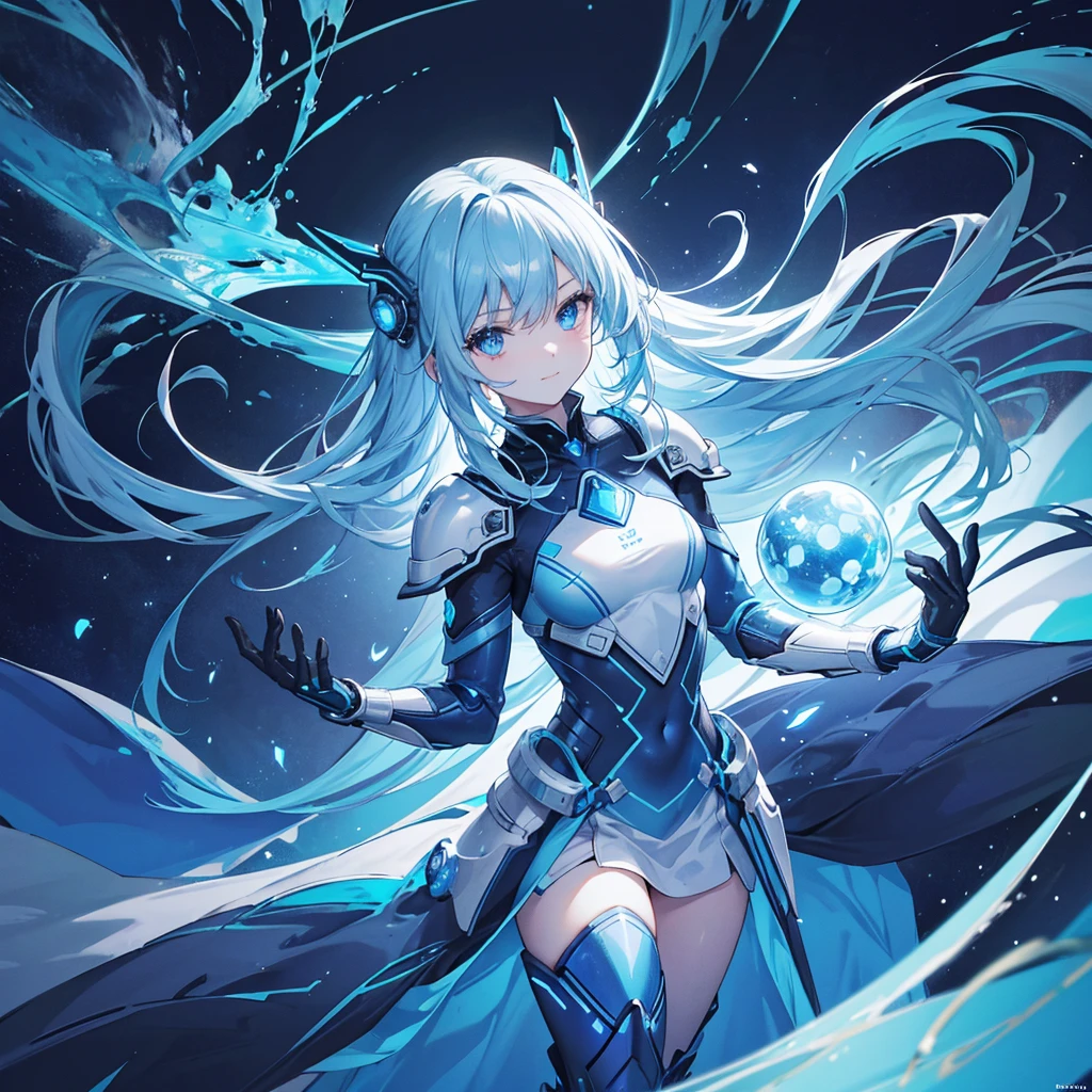 8K, Highest quality, (real:1.4), Original photo, 1 girl, Asari Hair, Biological Amplifier, Very sleek and futuristic armor, posture: Peace talks between warring factions,,attention arousal, smart blue eyes,A modest smile,Knee-high boots,Patent-look blue tights,Blue big moon and blue light swirl in the background,Blue light from behind,blue light magic,A small, glowing blue ball in the palm of your hand,Blue flame swirl,Blue Comet,Polished floor,