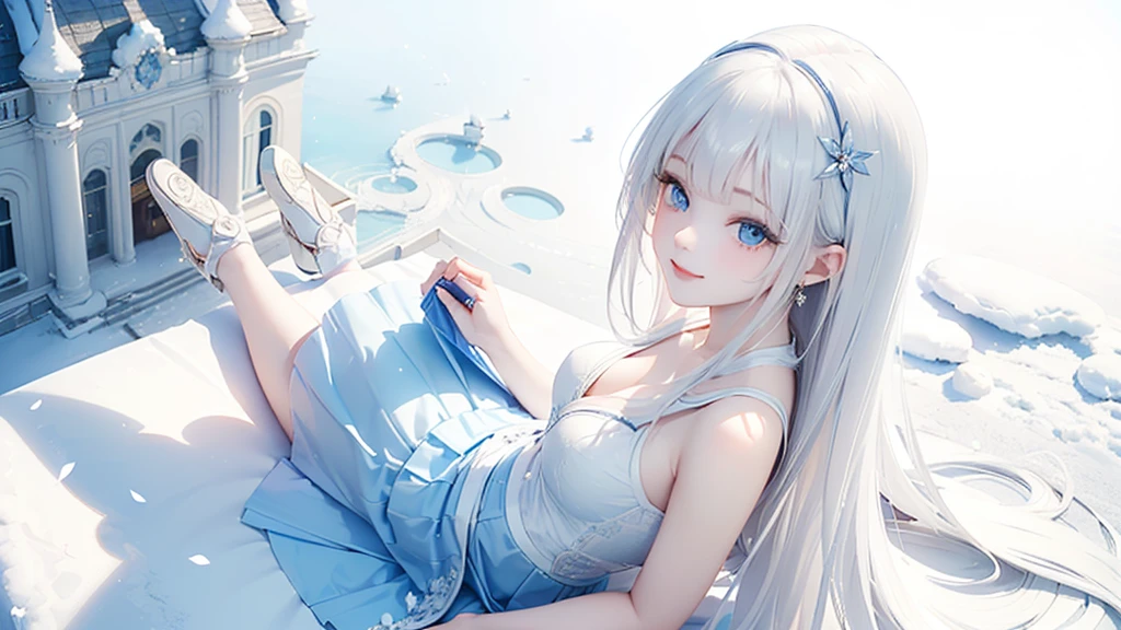 ((best quality,masterpiece,Extremely complex and exquisite details,A beautiful woman with long white straight hair and blue eyes,Smile,long skirt)),(Exquisite light blue and white clothing,Beautiful bright and exquisite ancient style white castle architectural background,Top view),(precise anatomy),(Exquisite fantasy dream style,Snow,Falling Flowers,The great outdoors),Sitting