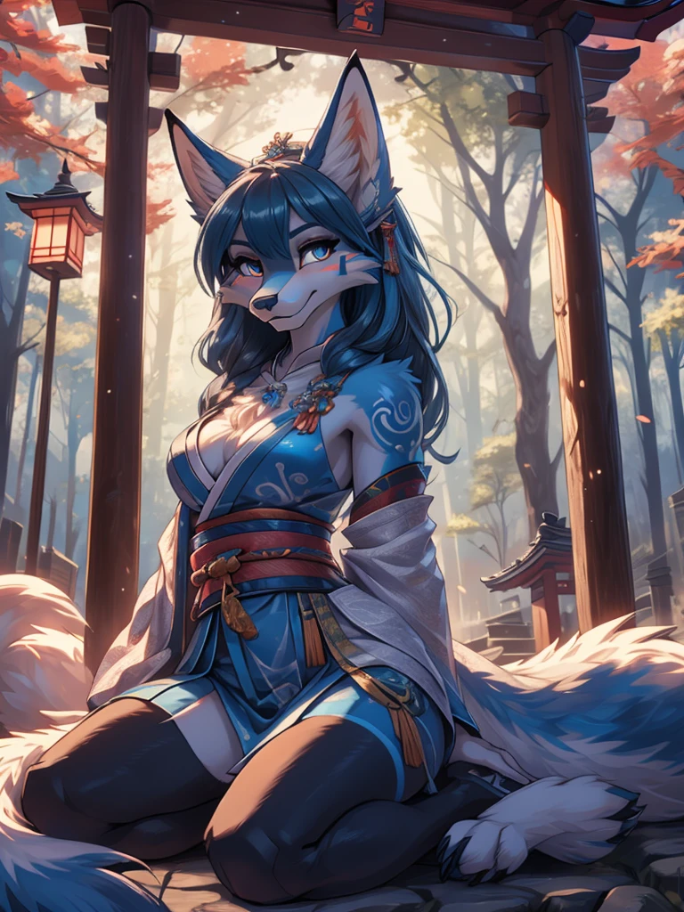 Anthro female blue fox high definition good anatomy add_detail:1, blue fur,kitsune ears, tribal tattoo add_detail:1, cute girl add_detail:1, feudal priestess clothing add_detail:1, japanese shrine landscape add_detail:1, japanese shrine costume add_detail:1, add_detail:1, full body add_detail, highly detailed face, deep aqua iris add_detail:1, wolf claws, sharp fangs add_detail:1, wild slut add_detail:1