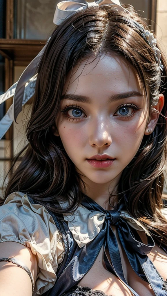 One girl, masterpiece, (Highest quality), 8K, Detailed skin texture, Detailed cloth texture, ((Beautifully detailed face:1.4)), Intricate details, Super detailed, Alice in Wonderland, (A ribbon on her head:1.1), ((Upper Body)),((Natural big breasts:1.2)),((Very beautiful big eyes))