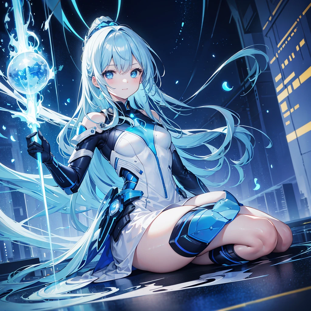 8K, Highest quality, (real:1.4), Original photo, 1 girl, Asari Hair, Biological Amplifier, Very sleek and futuristic armor, posture: Peace talks between warring factions,,attention arousal, smart blue eyes,A modest smile,Knee-high boots,Patent-look blue tights,Blue big moon and blue light swirl in the background,Blue light from behind,blue light magic,A small, glowing blue ball in the palm of your hand,Blue flame swirl,Blue Comet,Polished floor,