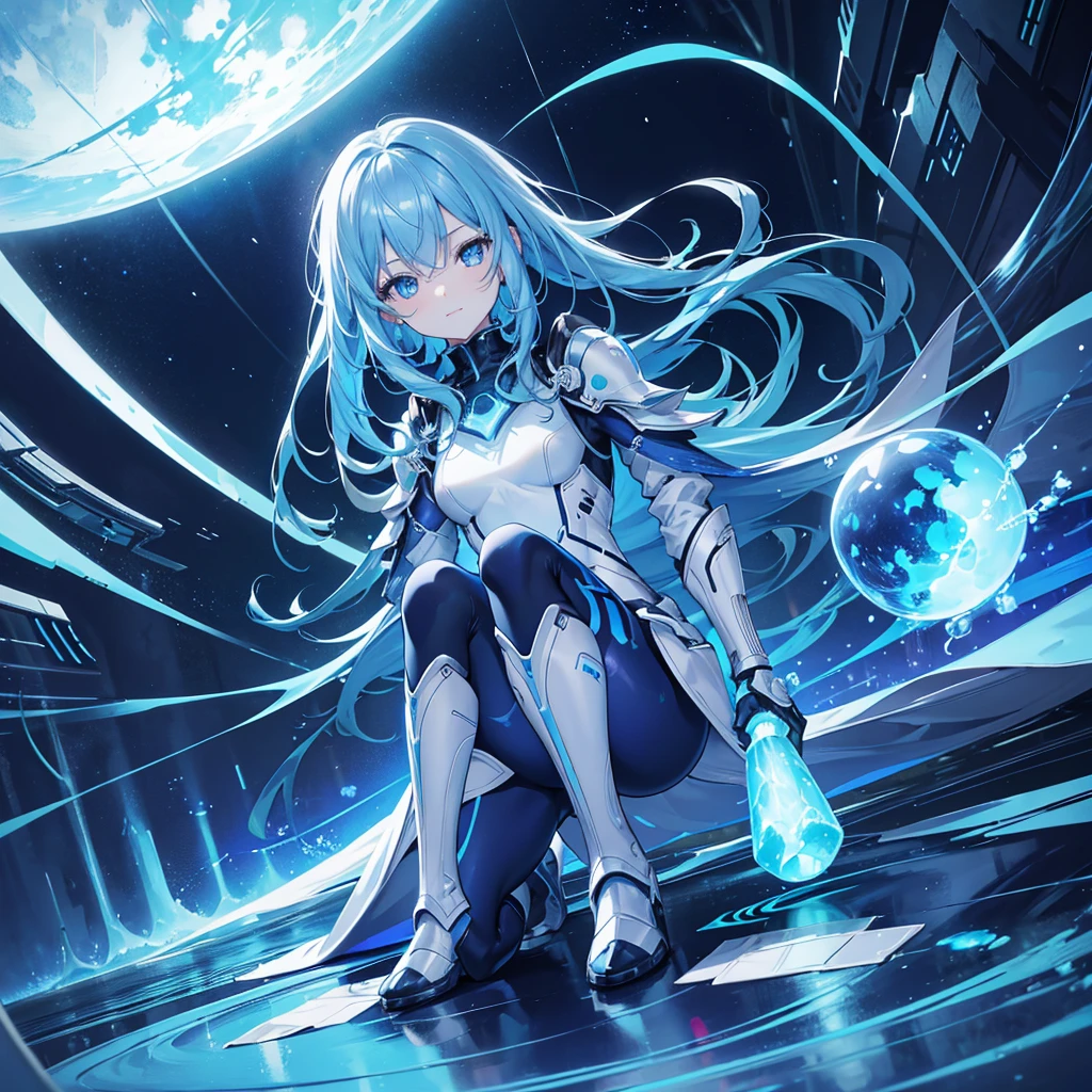 8K, Highest quality, (real:1.4), Original photo, 1 girl, Asari Hair, Biological Amplifier, Very sleek and futuristic armor, posture: Peace talks between warring factions,,attention arousal, smart blue eyes,A modest smile,Knee-high boots,Patent-look blue tights,Blue big moon and blue light swirl in the background,Blue light from behind,blue light magic,A small, glowing blue ball in the palm of your hand,Blue flame swirl,Blue Comet,Polished floor,