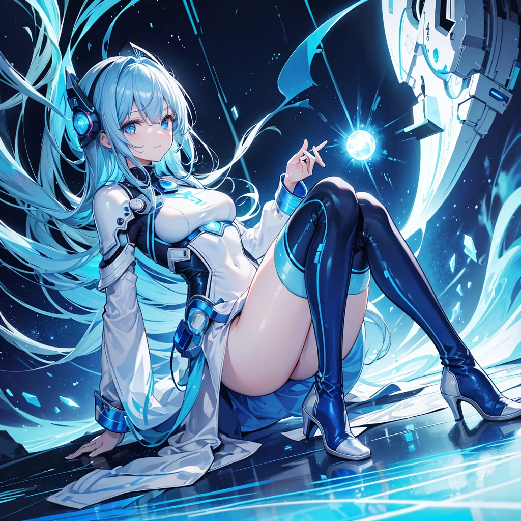8K, Highest quality, (real:1.4), Original photo, 1 girl, Asari Hair, Biological Amplifier, Very sleek and futuristic armor, posture: Peace talks between warring factions,,attention arousal, smart blue eyes,A modest smile,Knee-high boots,Patent-look blue tights,Blue big moon and blue light swirl in the background,Blue light from behind,blue light magic,A small, glowing blue ball in the palm of your hand,Blue flame swirl,Blue Comet,Polished floor,