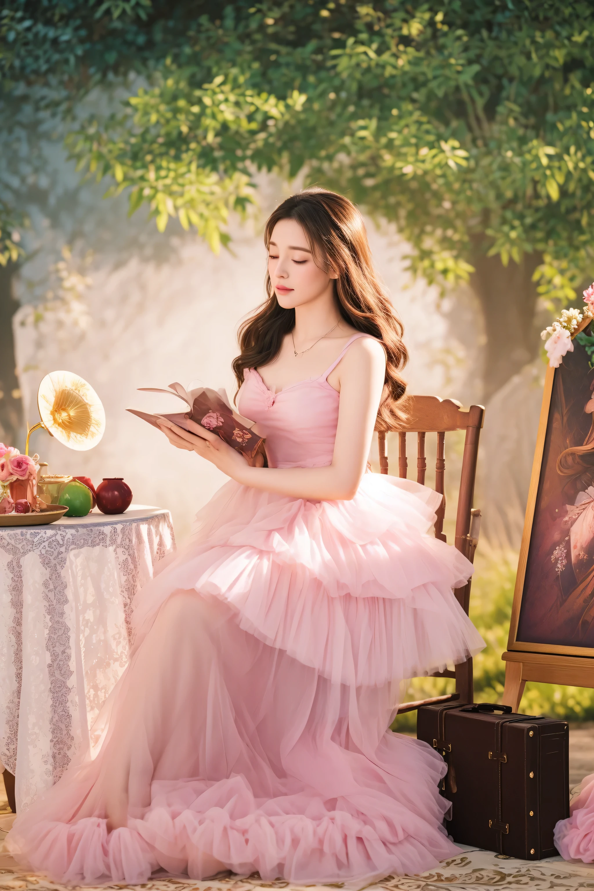 there is a woman sitting in a chair reading a book, fantasy photoshoot, romantic storybook fantasy, ethereal fairytale, beautiful adult book fairy, lovely languid princess, storybook fantasy, fantasy fairytale story, wearing pink romantic tutu, aerith gainsborough, fairy tale style background, storybook style, wearing a pink romantic tutu, fairytale style, beautiful aerith gainsborough