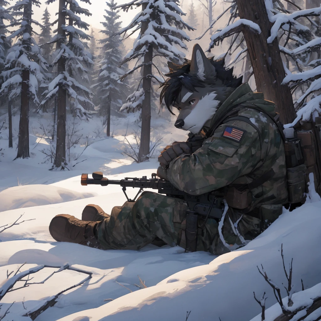 Male, male, Wolf, black fur, white fur, short hair, black hair, red heart stripes on his hair, 20 years old, snipers, sniper rifle, Snow camouflage, winter camouflage, dramatic effect, dramatic light, shadow, shade, higlight, high quality, high details, High detailed image, high quality image, Very detailed shadows, high detail shadows, Snowy forest, snowy, Winter