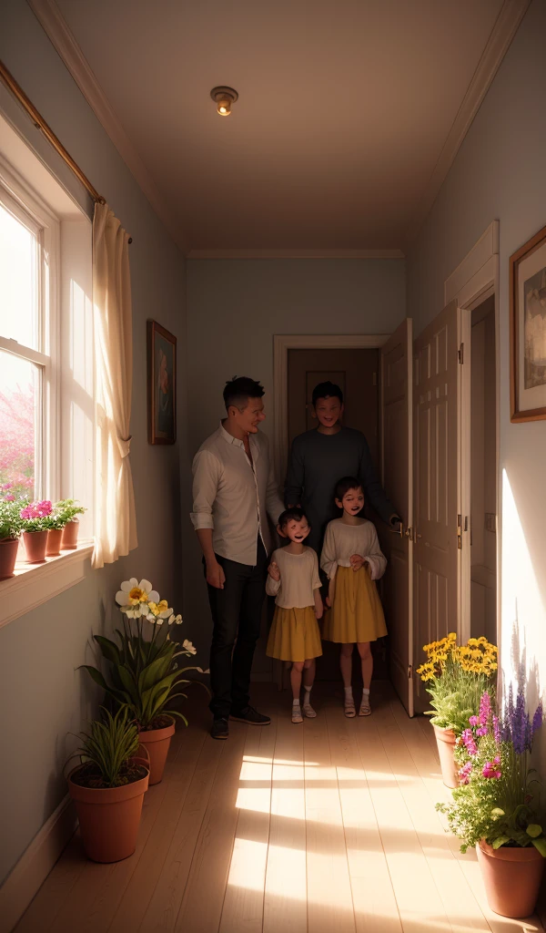 (anime, digital paint, happy ending, children with their father in a bright and colorful home setting, vibrant flowers blooming in the garden, sunlight streaming in through the windows, peaceful and joyful atmosphere, sense of newfound happiness)